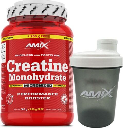 Amix Creatina Monohidrato 750 gr + Shaker Mezclador 500 ml Negro
